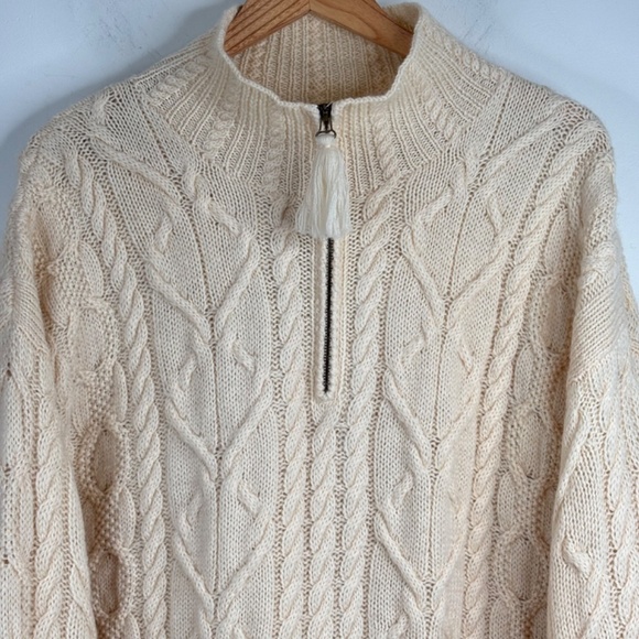 VTG 90s Wool Fisherman Sweater Men XL 1/4 Zip Ivory Cable Knit Preppy Cottage - Picture 2 of 9